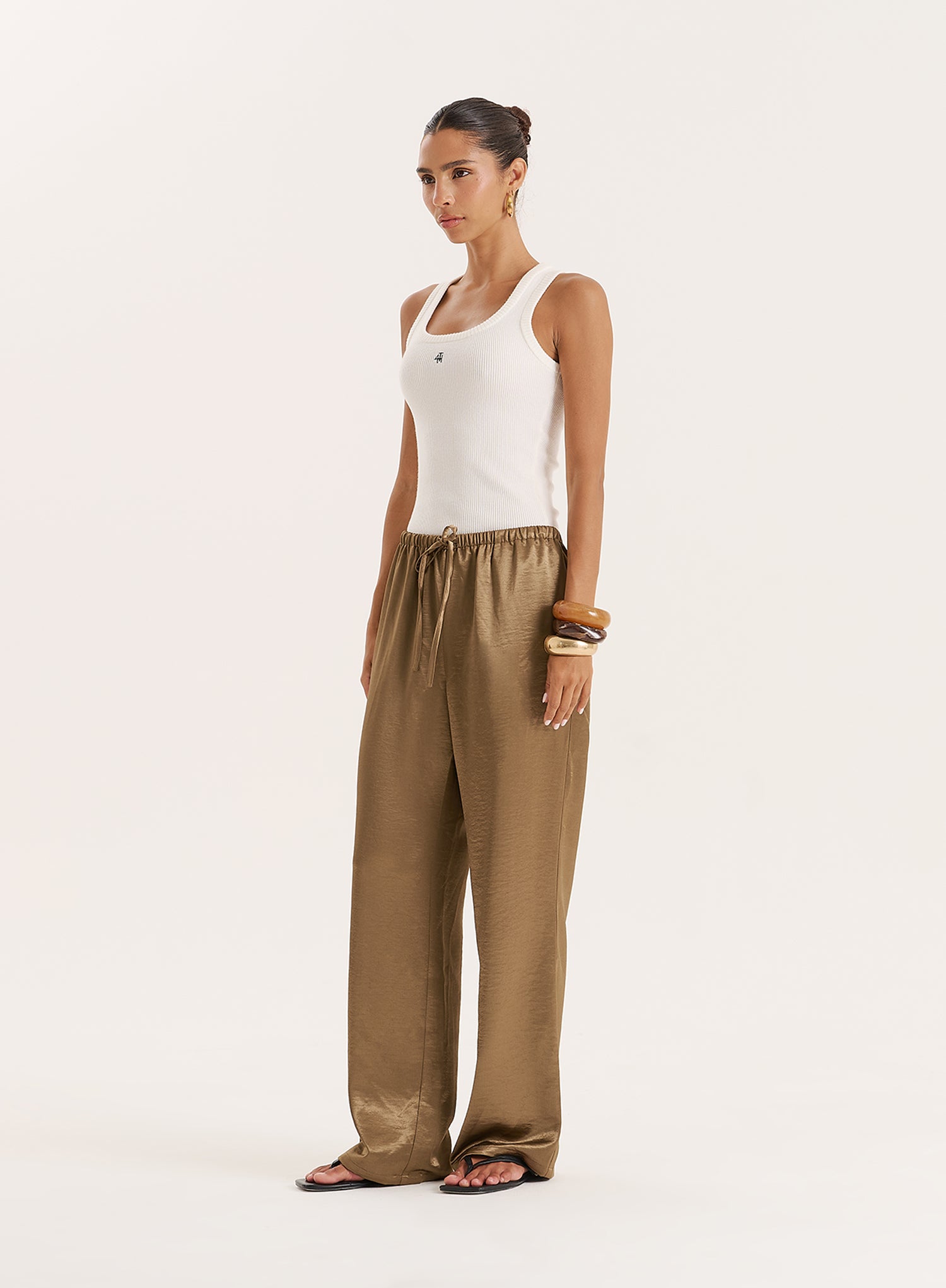 Mocha Satin Tie Waist Wide Leg Trouser